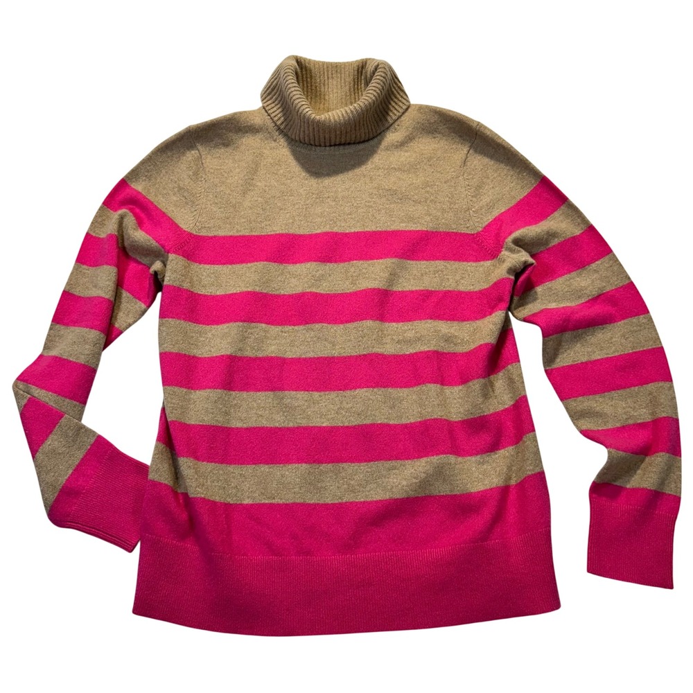 Lands' End Turtleneck Sweater Womens M Pink Tan Striped Cashmere Preppy Classic